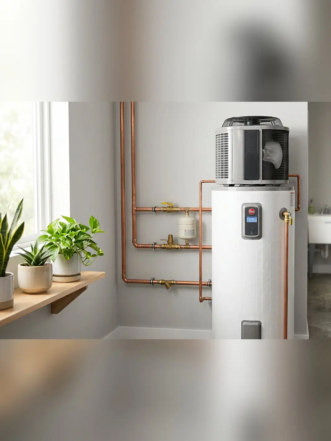 Heat pump water heater installed in a modern utility room with copper piping