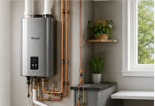 Rinnai tankless water heater professionally installed with copper line set